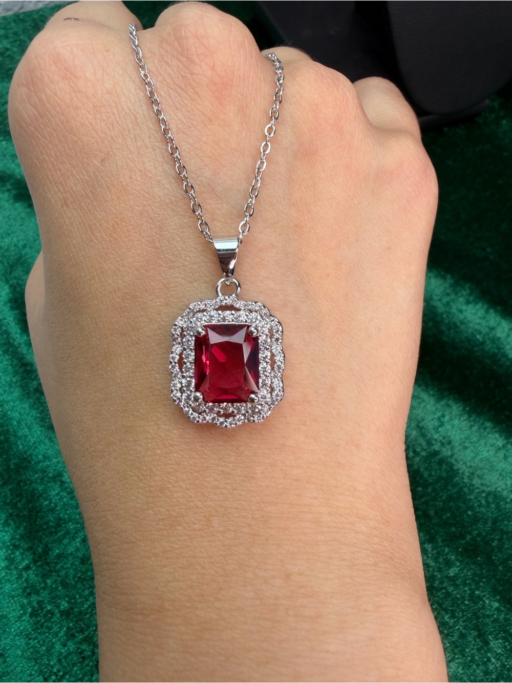 14K Gold Plated Red Gemstone Halo Pendant Necklace